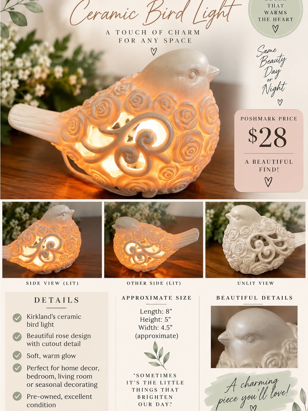 Kirklands Cream Ceramic Bird Lantern with Rose Cutouts